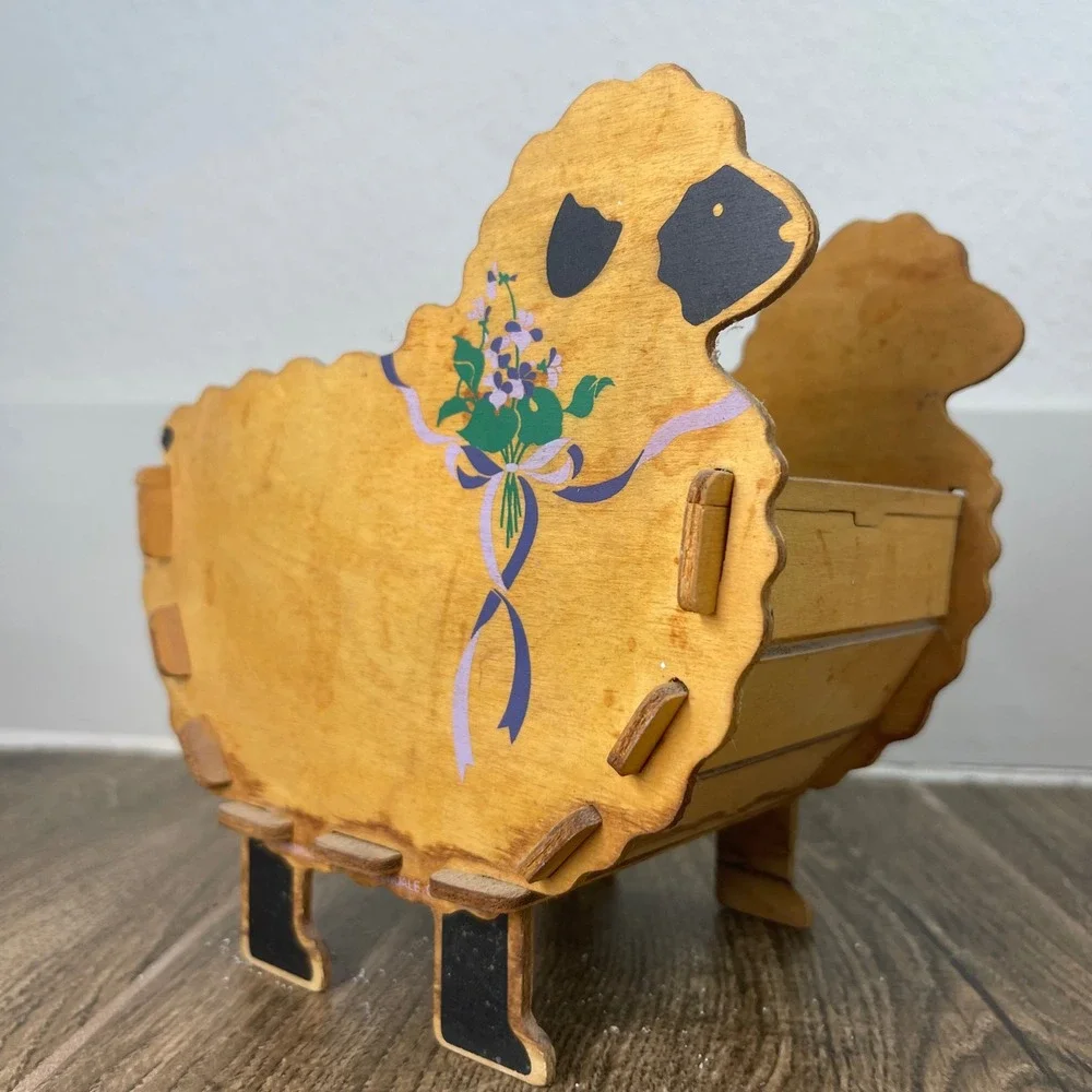 Wooden Sheep Trinket Box Holder Floral Ribbon Decoration Farmhouse Decor Cottage